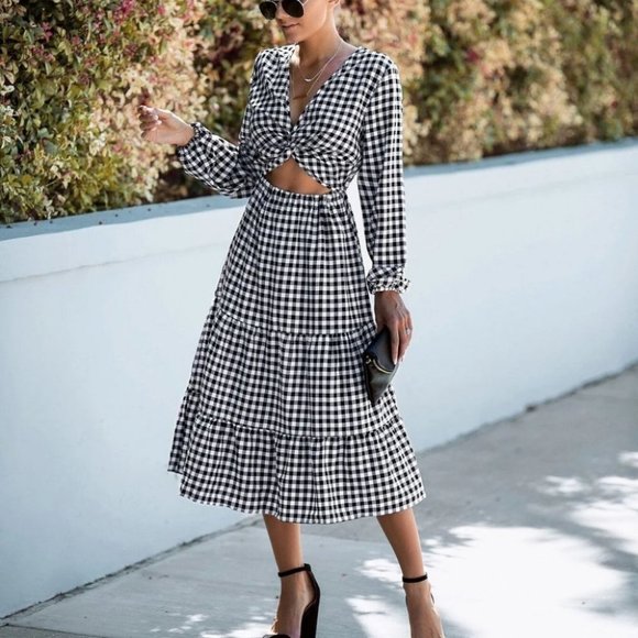 . Dresses & Skirts - Womens Gingham Twist Cut Out Ruffle Hem Bishop Sleeve Dress